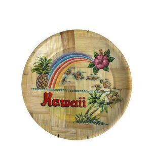 Hawaiian Bamboo Decorative Plate Wall Hanging Rainbow Island Map Vintage